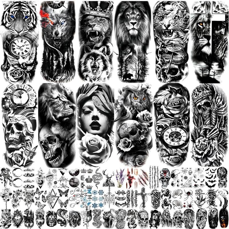 82 Sheets Temporary Tattoo for Men Women Adults, Include 12 Sheets Black 3D Half Sleeve Temporary Tattoos, Halloween Tattoos Scary Lion Wolf Tiger Skull Skeleton Tattoos Stickers 82 Sheets Temporary Tattoo for Men Women Adults, Include 12 Sheets Black 3D Half Sleeve Temporary Tattoos, Halloween Tattoos Scary Lion Wolf Tiger Skull Skeleton Tattoos Stickers