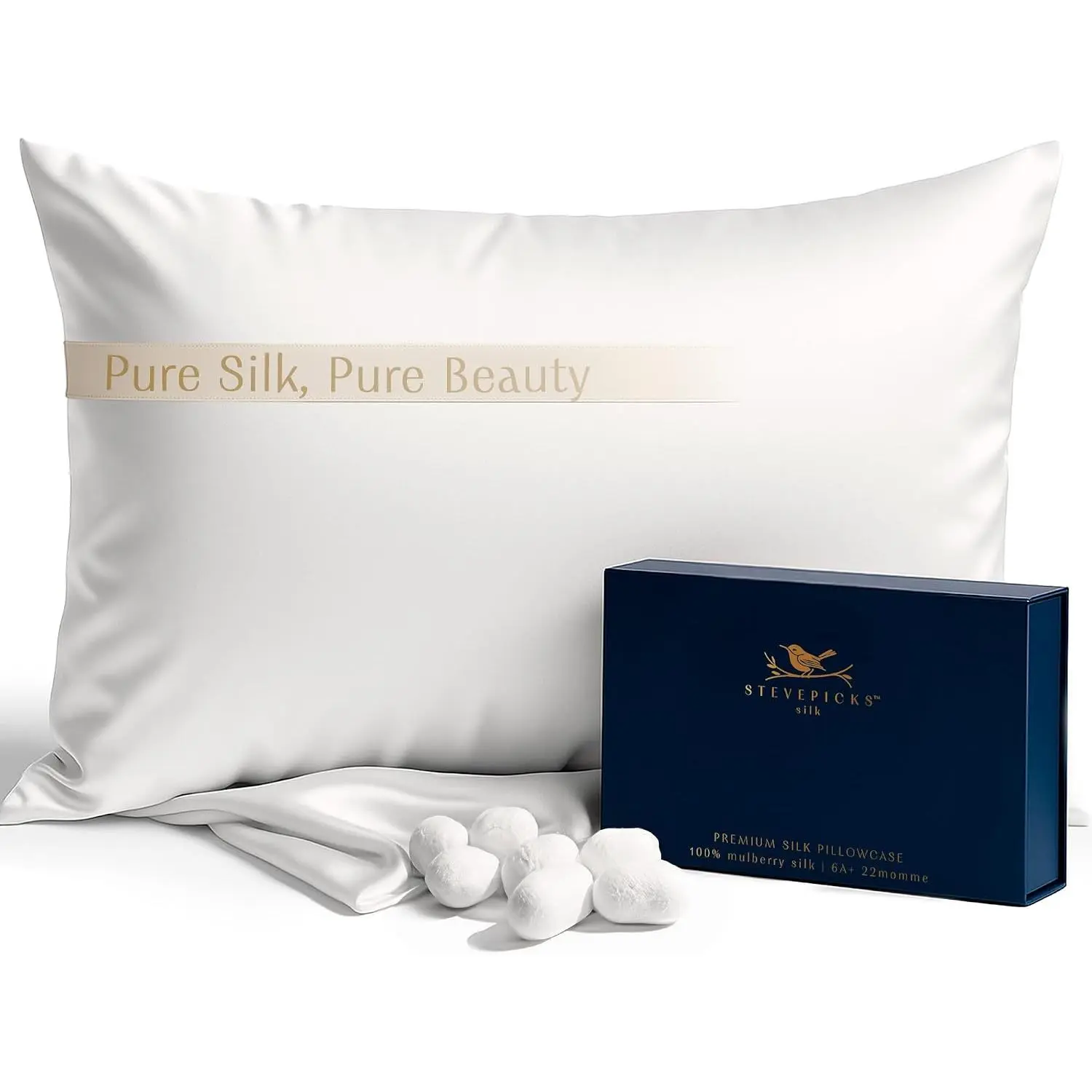 100% Pure Mulberry Silk Pillow, 22 Momme 6A High-Fibers (1pc White, Standard 20x26 in), Silk Pillowcase, for Hair & Skin Care, Soft, Silk Pillowcases, Soft Cooling Bedding for Sleep