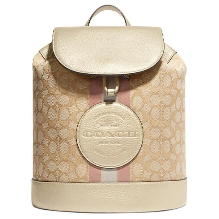 COACH Dempsey 26 Classic Monogram Drawstring Backpack with Jacquard and Pebbled Leather – Medium Women’s Khaki