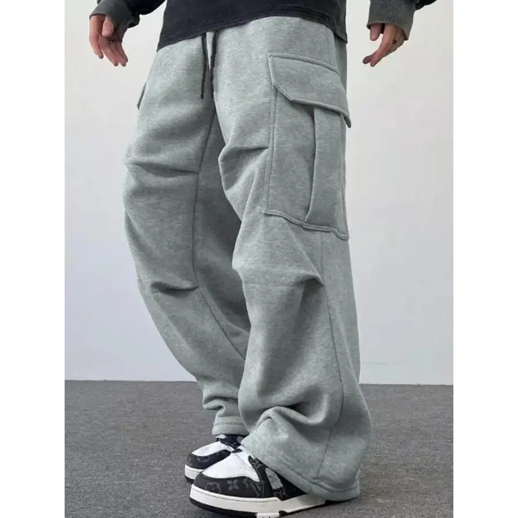 Men's Solid Color Jogger Pants with Elastic Drawstring, Sporty Workwear Style, Featuring Front and Back Pockets as Well as Side Flap Pocket Design, Suitable for All Seasons, Casual and Minimalist Street Style Straight-Leg Trousers, Plus Size Men's Ap
