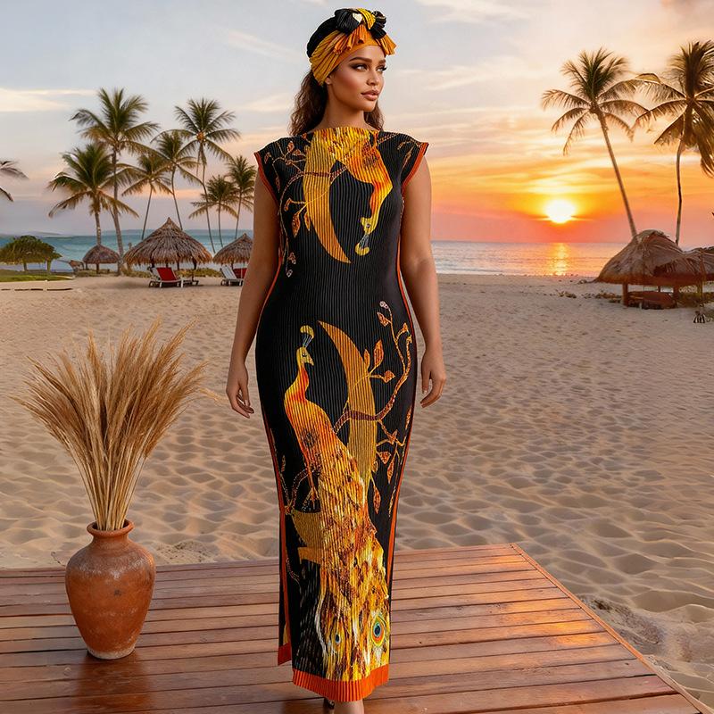 Women's Elegant Animal Print Long Dress Set, Slim-Fitting Moo Moo Skirt & Scarf, Beach Sun Protection Shawl, All Seasons Fashion, Accessory, Womenswear, Lady