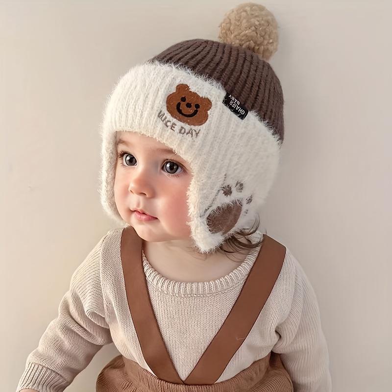 Winter Baby Bean Hat with Bear Ears and Pom-Pom for 1-3 Years Old Kids – Soft Plush Lining, Cute Face Cut, Fluffy Ears, Warm Wool Lining for Neck and Head Protection