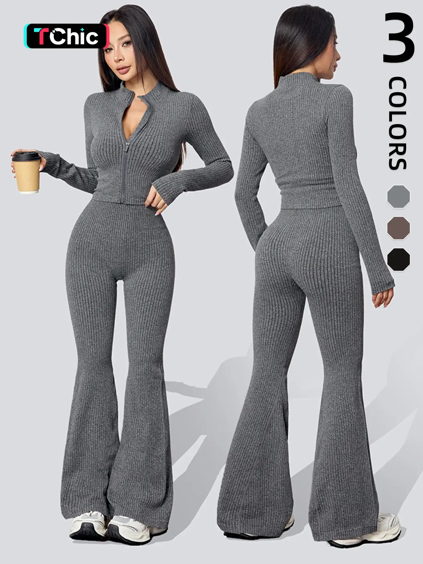 Women's Ribbed Yoga Set, Sportswear Set with Long Sleeve Zip Jacket and High Waist Wide Leg Pants, All Season Athletic Activewear for Fitness and Leisure, Gym Outfits, Activewear Workout Set
