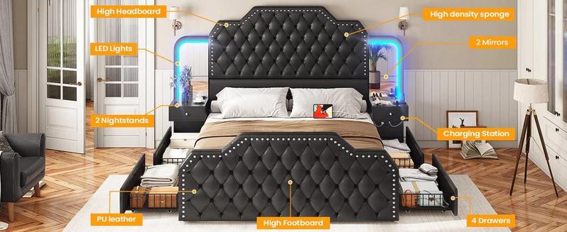 Sikaic PU Leather Upholstered Led Bed Frame with Storage Drawers Outlets & Nightstands Black Modern Wooden Headboard Diamond Tufted Headboard