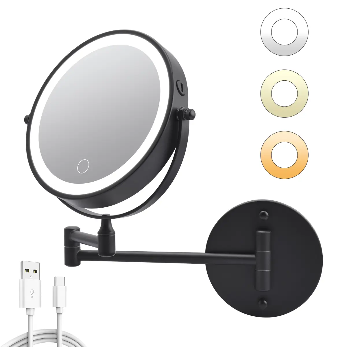 Wall Mount Makeup Mirror 8 Inch with Lights Rechargeable LED Vanity Mirror Double Sided 1x 10x Magnifying Bathroom Mirror 360 Swivel Extendable for Shaving Skincare