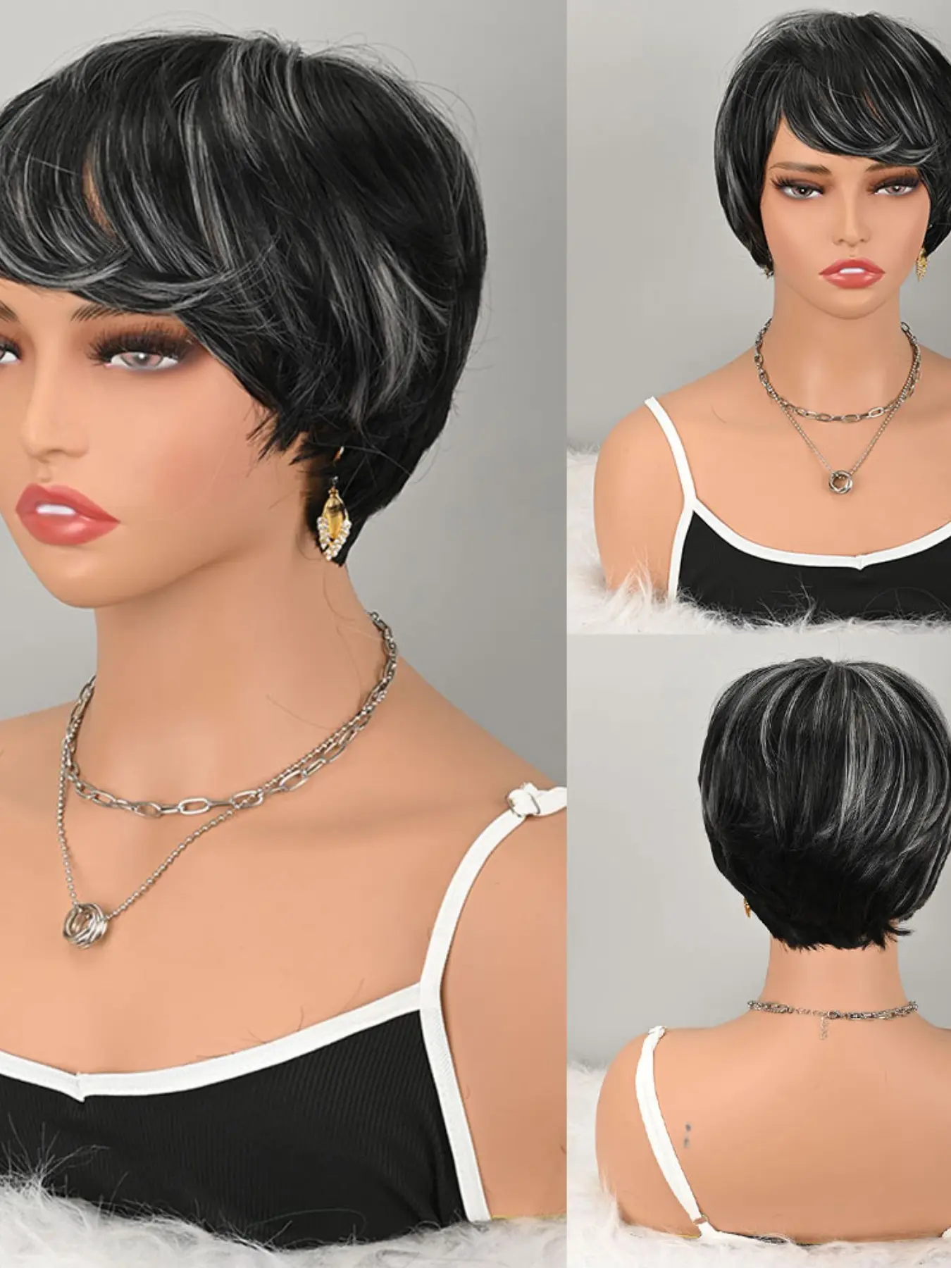Short Pixie Straight Wig with Side Bangs, Face Framing Wig for Women, Black Grey Highlight Layered Synthetic Wig Heat Resistant Natural Looking Synthetic Fiber Wig Fashion Hair Wig for Daily Office Party Dating Cosplay Wear