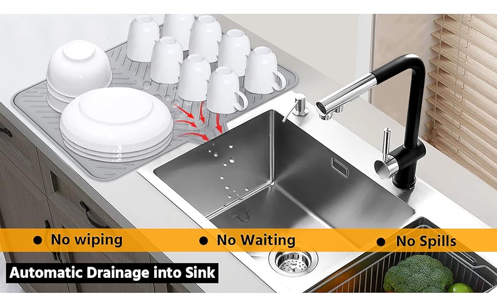 Silicone Dish Drying Mat with Built-in Drain Lip - Hygienic Drying Pad - Sturdy Compact Easy to Clean Tray Protects Surfaces Prevents Water Build Up - 23 X 17 (Grey)