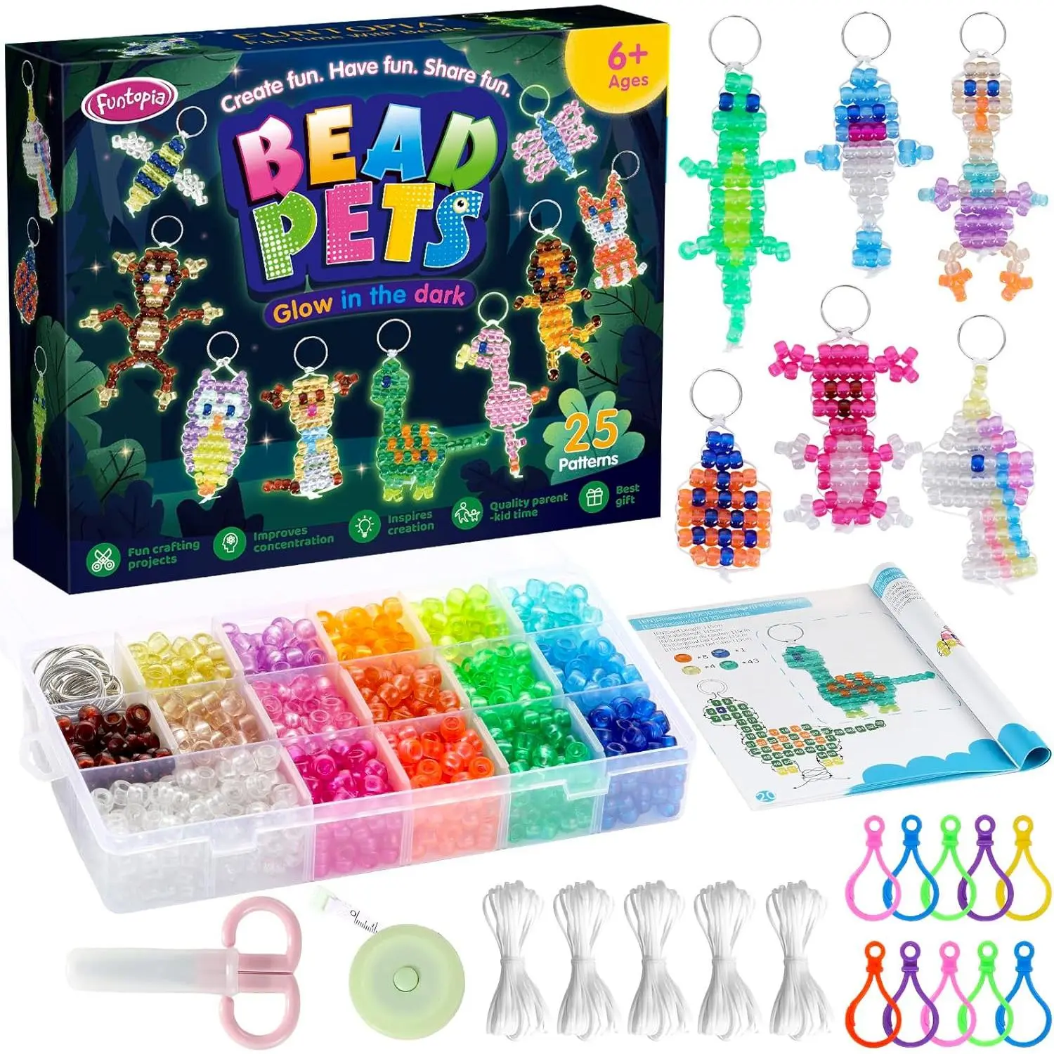Pony Beads Kit for  Making, Glow in the Dark Bead Pets for  Beginners,Includes Instructions for 25  Designs and Storage Box,  Craft Kit for Rainy Day Group and Family Activities