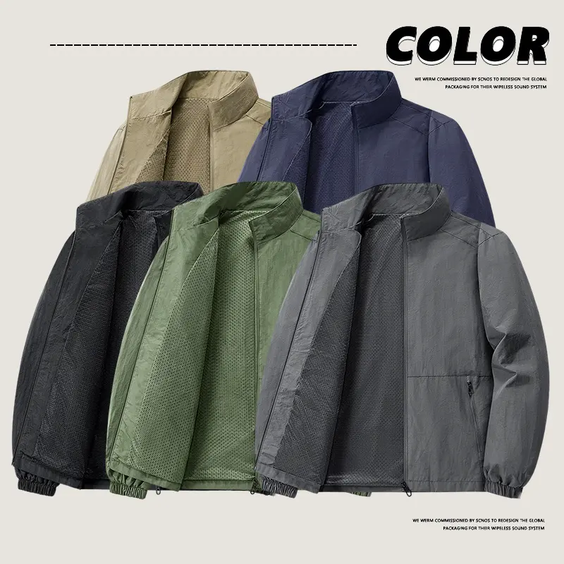 Lightweight and breathable mesh lining, stand collar jacket, men's pure color pleated texture windproof coat, zippered pockets, cuffed sleeves, spring and autumn commuting basic style, multiple colors