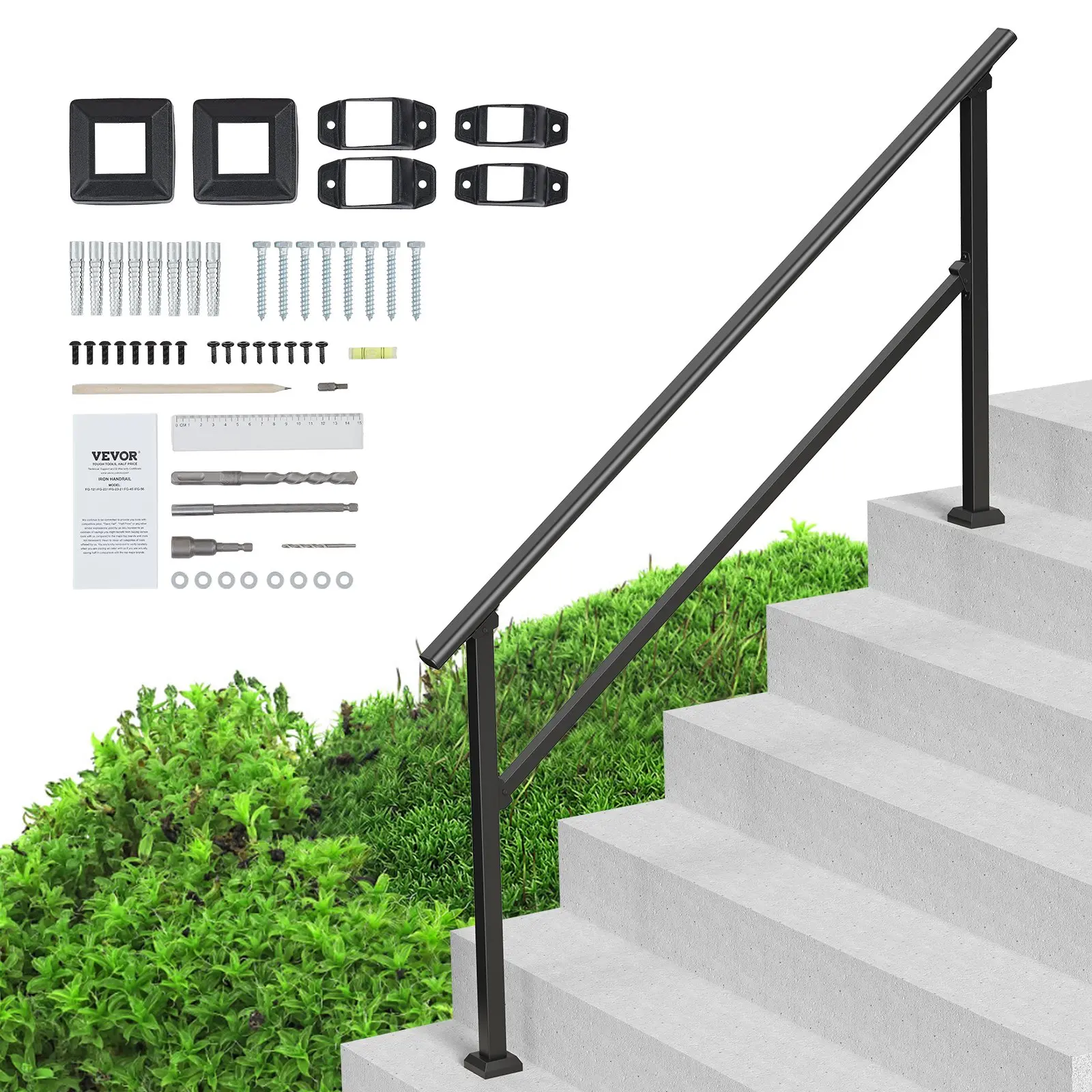 VEVOR Handrails for Outdoor Steps, 5 Step Stair Hand Rail Kit, Transitional Carbon Steel Railings with Installation Kit, Stair Rails for Seniors, Concrete Steps Porch Deck, Black Square Tube