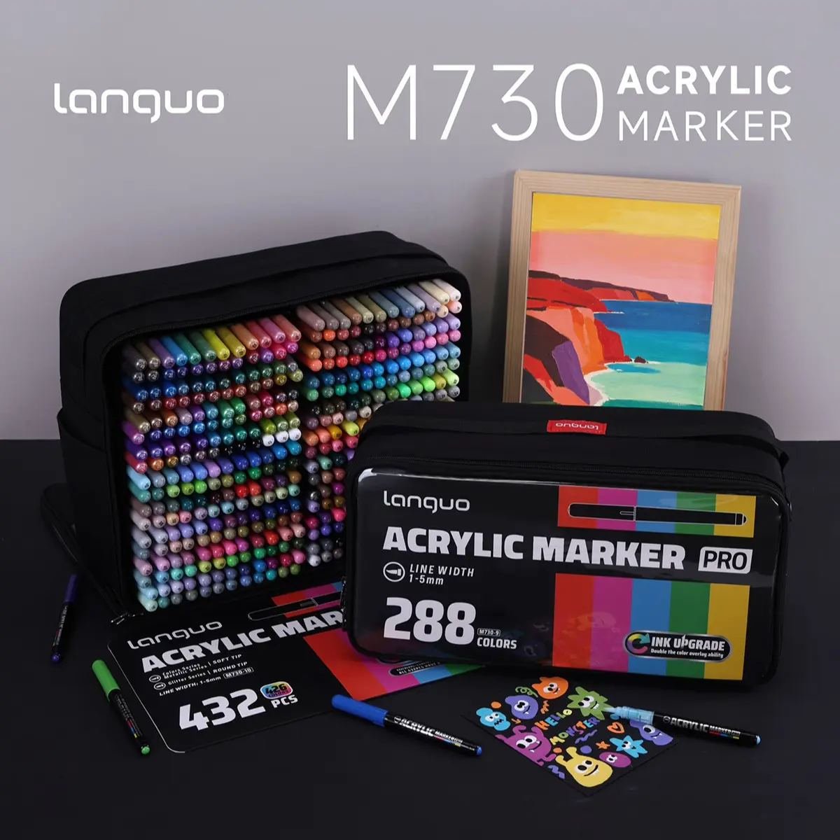 Languo Ink Pro Marker Pens, 288-426 Colors Set, Fluorescent, Multi-Material Art, Enhanced Color Coverage, Fabric Storage Bag, Back-To-School Gift