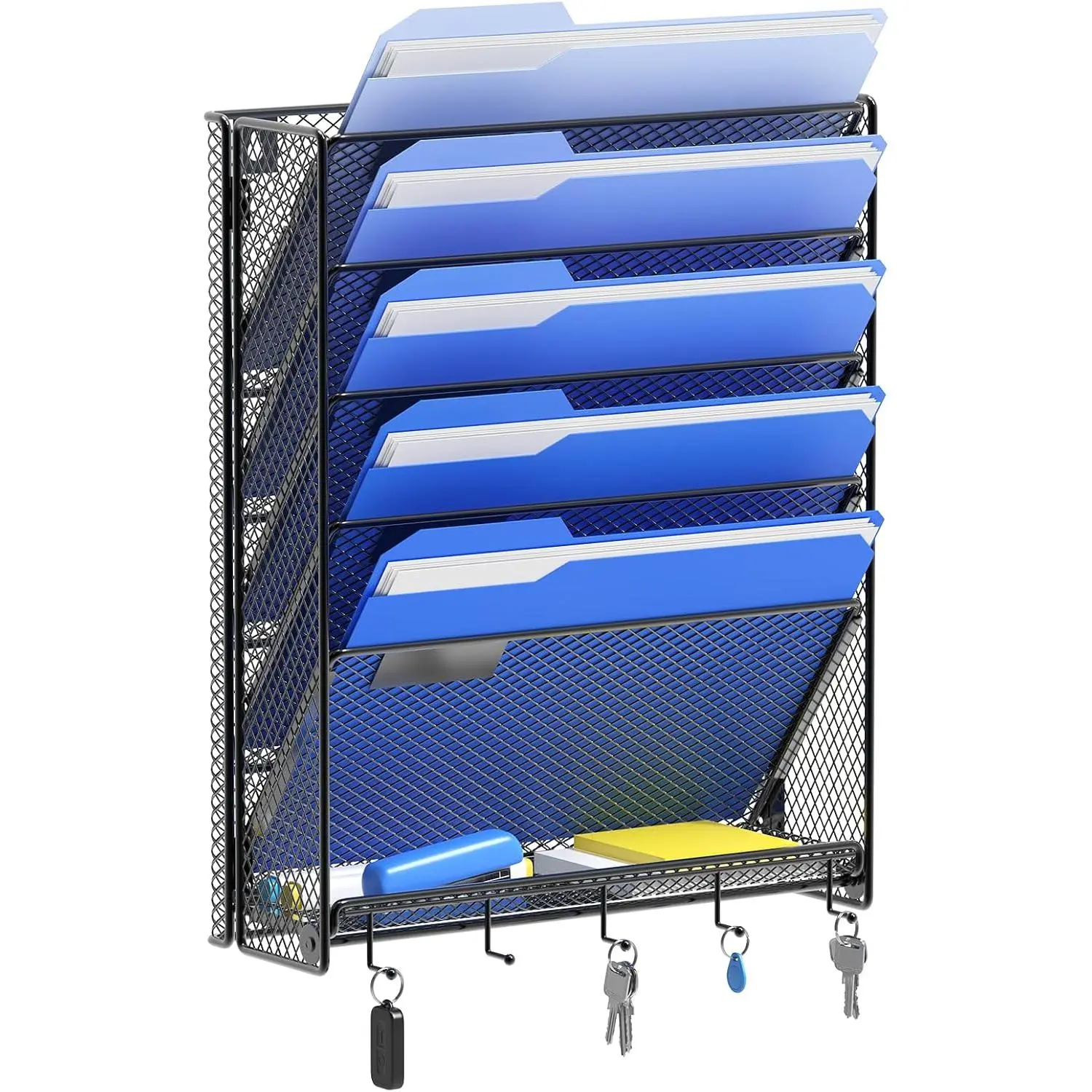 Wall File Organizer with Hooks, 6 Tier Vertical Wall Mount File Holder, Paper Document Mail Organizer for Office