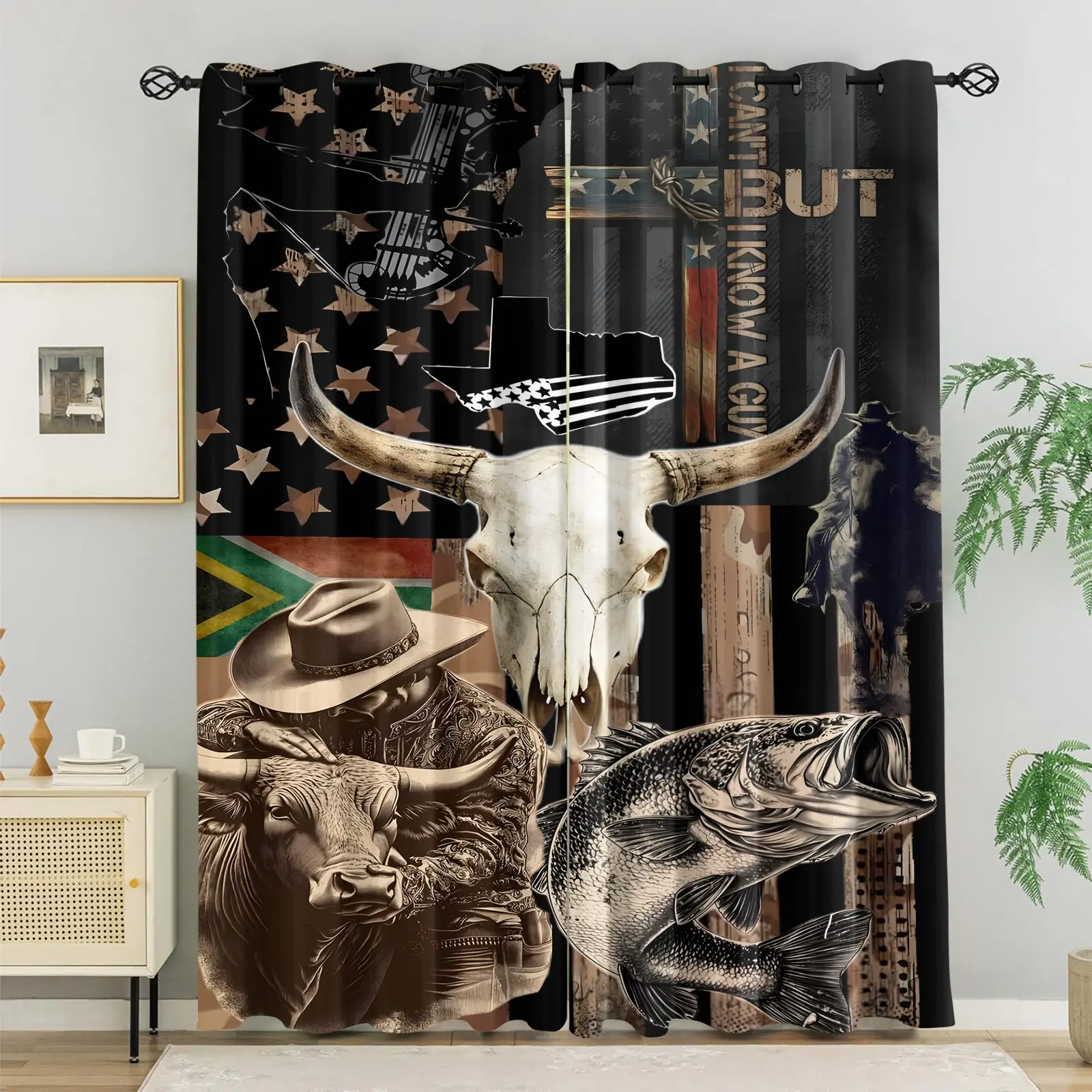 Western-Style Cowboy Bull Skull and Bass Pattern Blackout Curtains, Vintage Hunting And Fishing American Flag Print Drapes,  Men'S Bedroom and Living Room Windows, Offering Excellent Privacy and Insulation, A Perfect Home DéCor.（2panels）