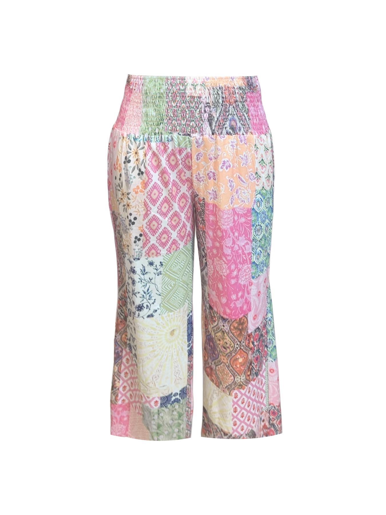 Plus Size Patchwork Print Plicated Shirred Wide Leg Pants, Casual Lounge Pants, Boho Casual High Waist Trousers, Casual Bohemian Trousers for Daily Vacation Holiday Wear, Women's Bottoms for All Seasons