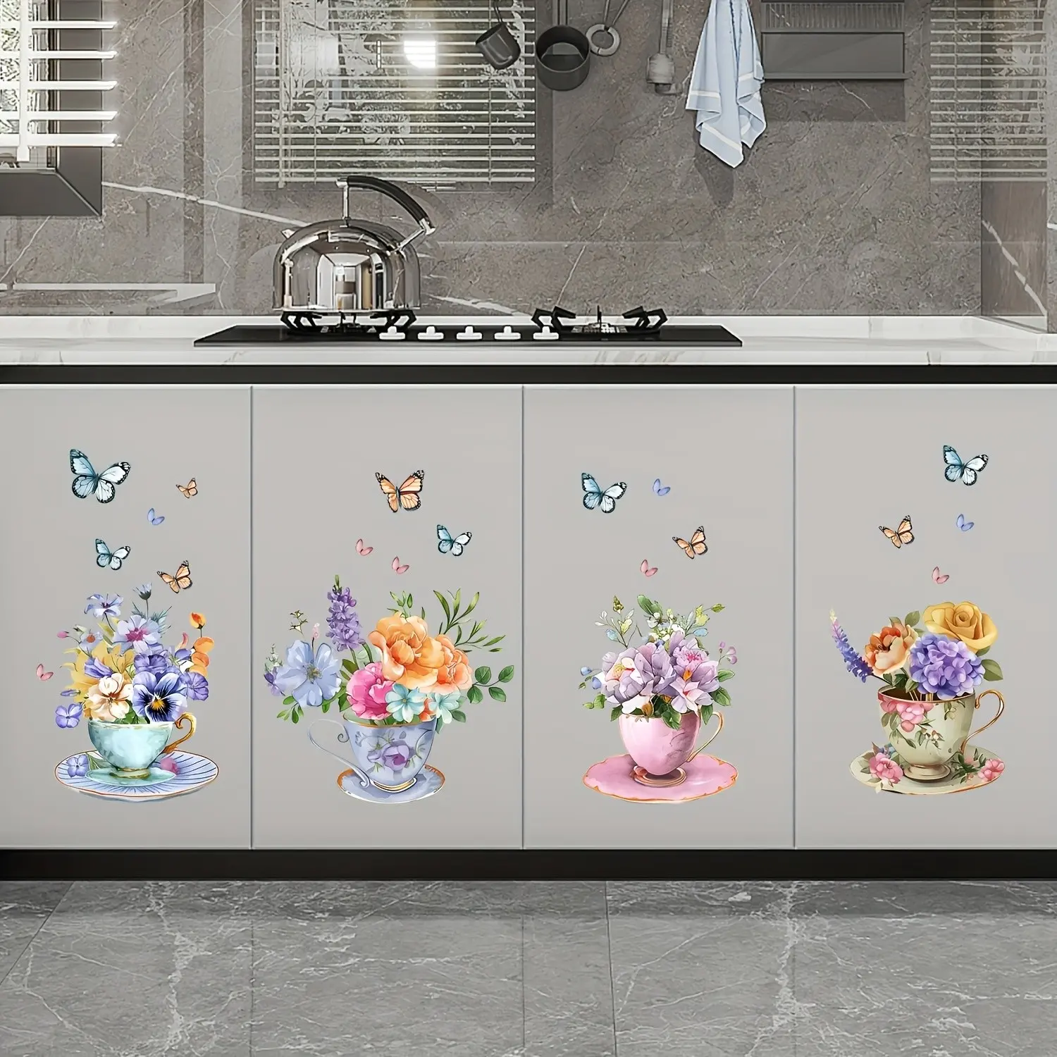 2 Sheets 4 Colorful Butterfly Flower Cup Wall Stickers Decor, Watercolor Floral Self-Adhesive Vinyl Wall Decals for Kitchen, Living Room, Bedroom, Porch