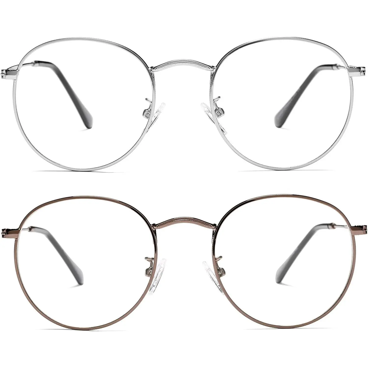 Round Metal Glasses Frame with Clear Lens, 2 Pack Women Men Non-Prescription Eyeglasses