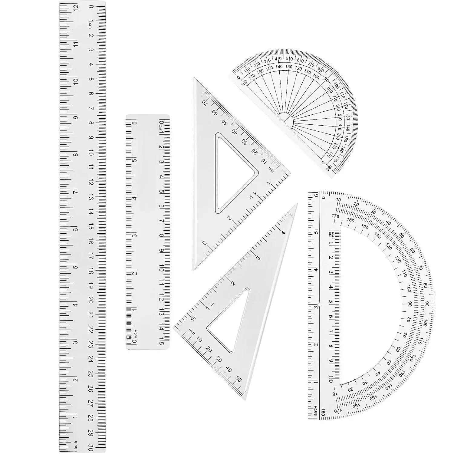6 Pcs Math Geometry Ruler Set, Protractor Triangle School, Clear Plastic Geometry Tools for Kids Drawing, Includes Protractors Triangles Straight Edge, Drafting Set for Math Class Home