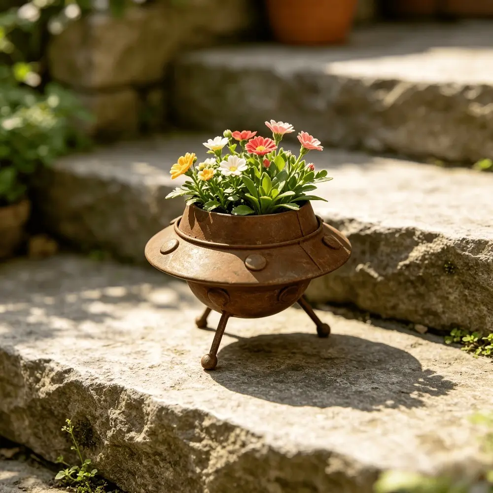 1pc Vintage Distressed UFO Flower Pot, Rust-Colored Metallic Texture, Unique Three-Legged UFO Design, Creative Artistic Planter for Outdoor Gardens