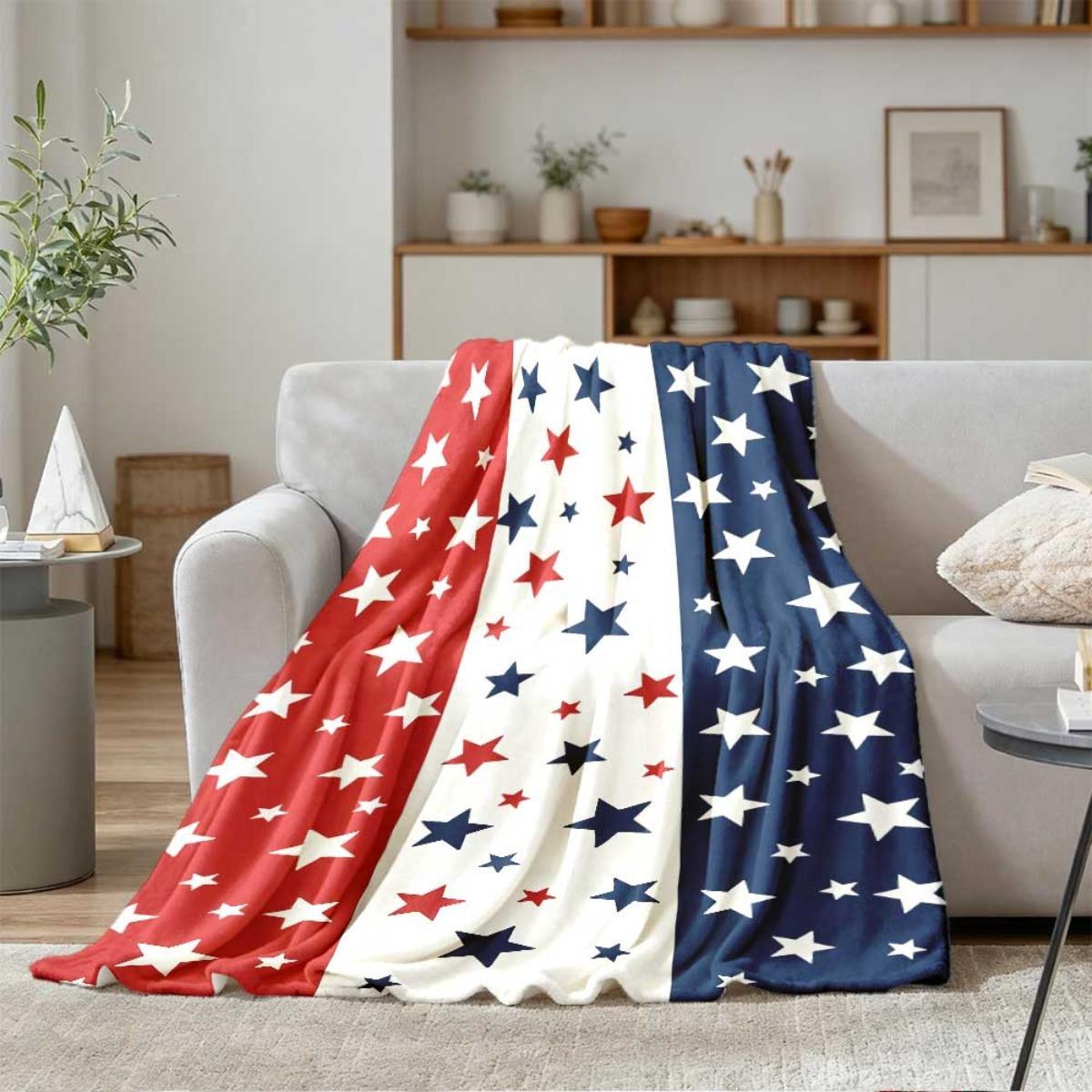 1pc A Patriotic Fleece Blanket Featuring The American Flag with A Star-Spangled Design in Red, White, and Blue. It'S A Soft and Cozy Throw Suitable for Decorating Your Living Room or Bedroom
