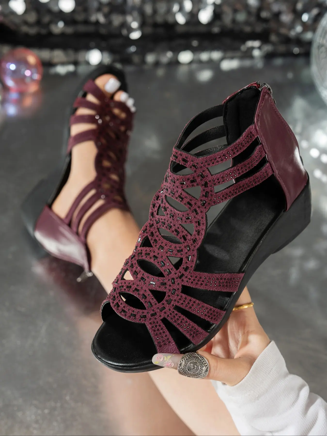 Women's Rhinestone Hollow Caged Back Zipper Wedge Slide Sandals, Breathable Cutout Platform Party Shoes, Fashion Outdoor Slip-On Open Toe Mules, Fashion Wedges