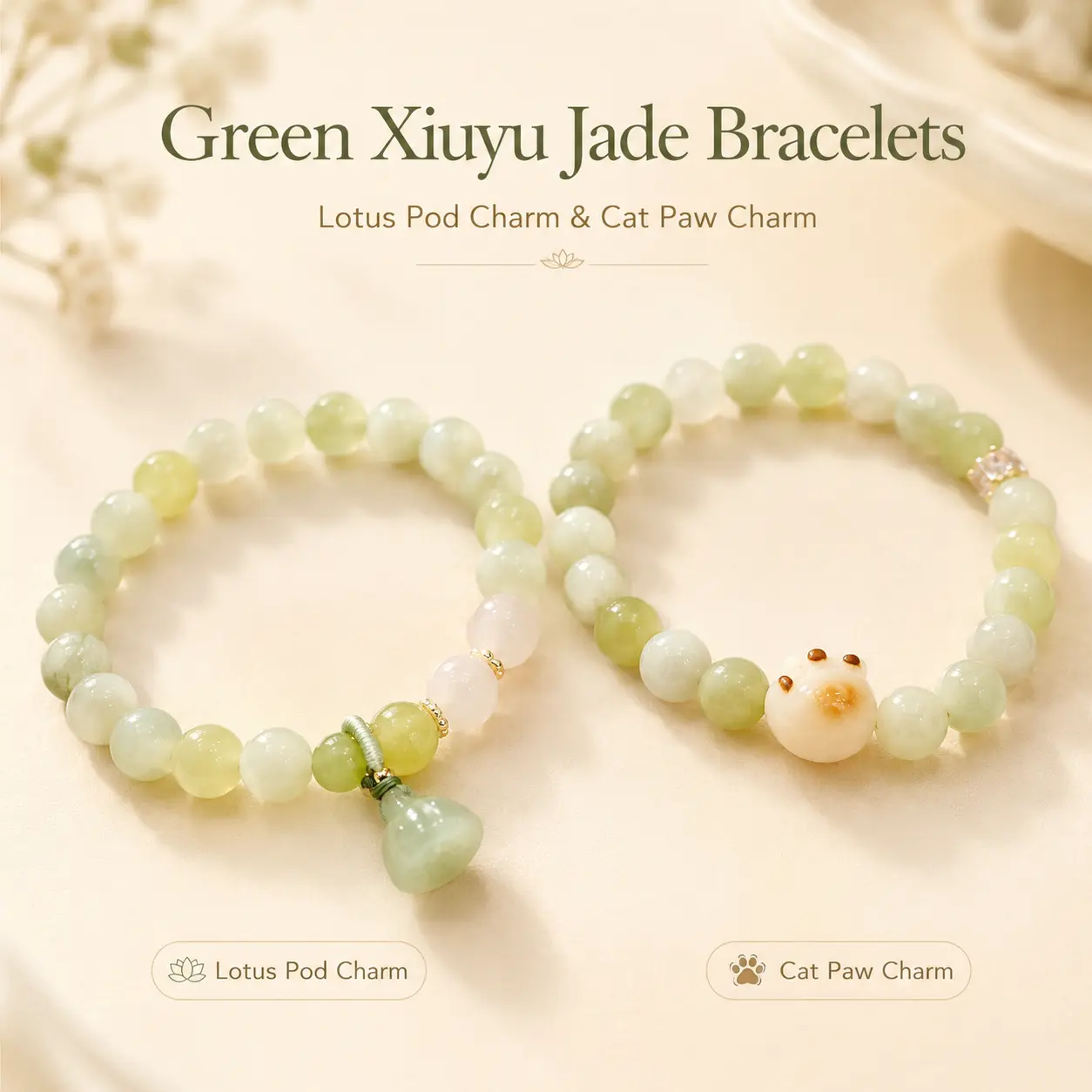 Women's Green Xiuyu Jade Stretch Bracelet - Lotus Pod and Cat Paw Charm Beaded Jewelry, Cute Gift Option