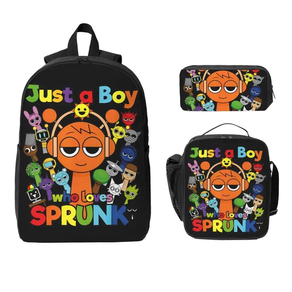 Sprunki "Just A Boy" Cartoon Preppy Unisex 3-Piece Synthetic Waterproof Back to School Set - Zippered Preschool Backpack, Lunch Box, Pencil Box School Supplies