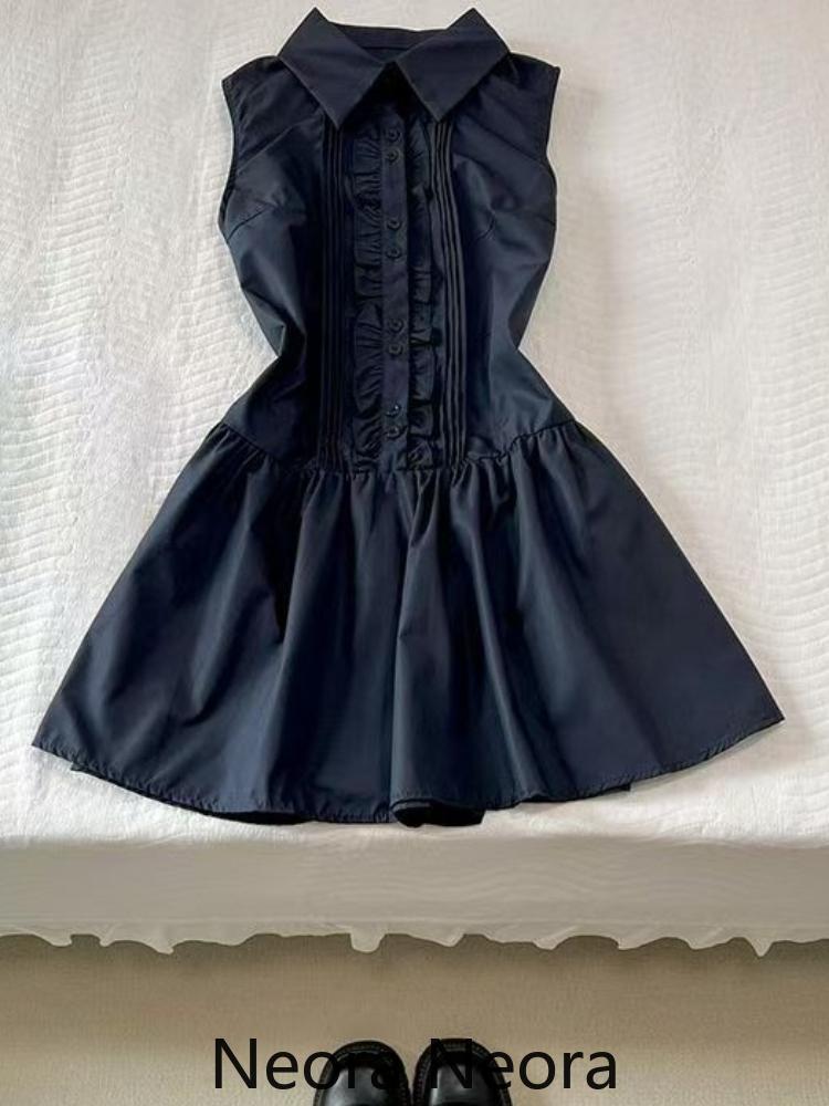 2025 Summer High Street Vintage Thin Dress Women Design Chic Loose Sleeveless Lapel Dresses Female Retro Casual Shirt Outfits