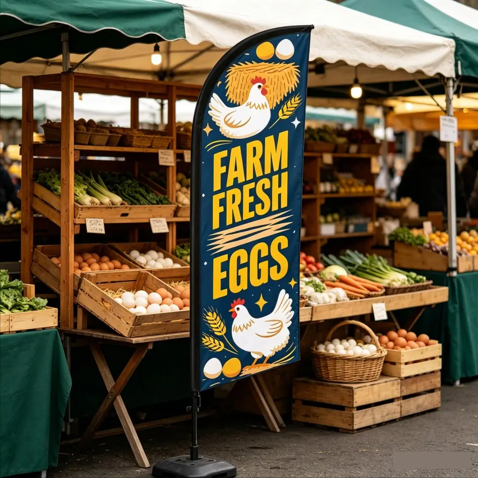 Fresh Farm Egg Feather Flag 6.5 Feet Tall, Waterproof Polyester, Wind-Resistant, Easy Installation, Ideal for Farm Stores and Fresh Markets