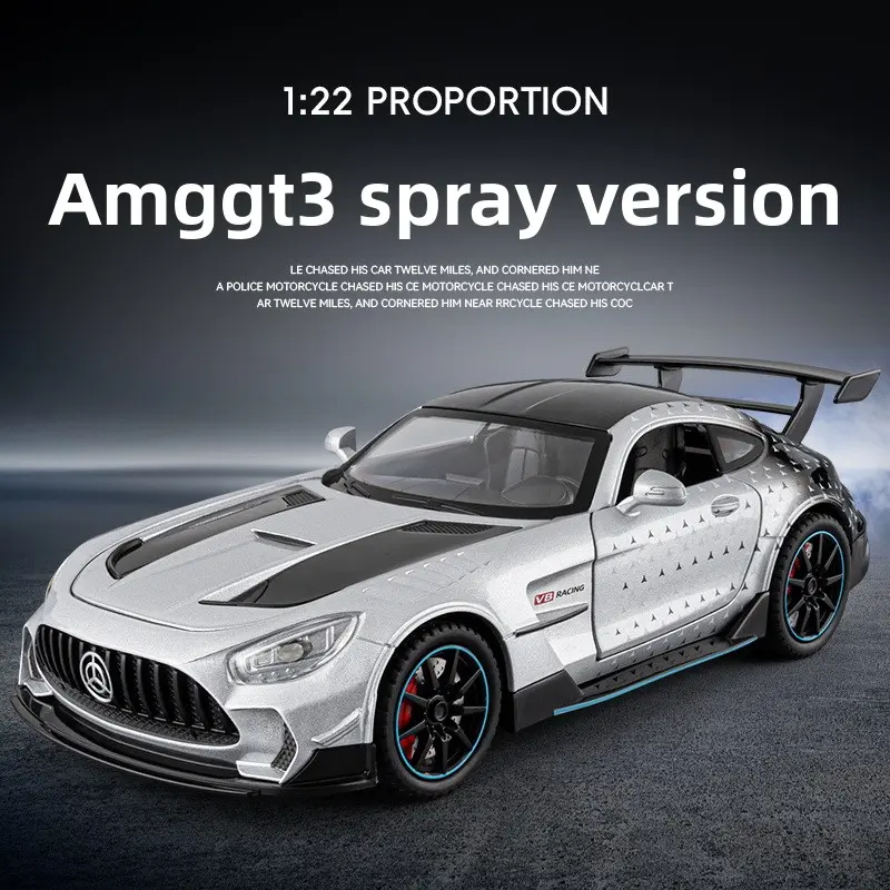 1:22 Scale Mercedes-Benz AMG GT3 Diecast Alloy Car Model With Exhaust Spray Smoke Function Light & Sound Pull Back Big Rear Wing Openable Doors Shock Absorption Racing Vehicle Toy Collectible Gift For Car Enthusiast Boys Birthday Present