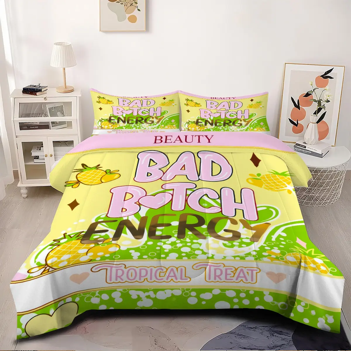 2/3 Pcs  Bad B ♡ Tch Energy Letter Printed Quilt Set, Cartoon Pineapple Pattern Printed Bedding Set, Soft And Breathable Down Comforter, 1 Quilt And 1/2 Coreless Pillowcase, Suitable For Bedroom Bedding Set