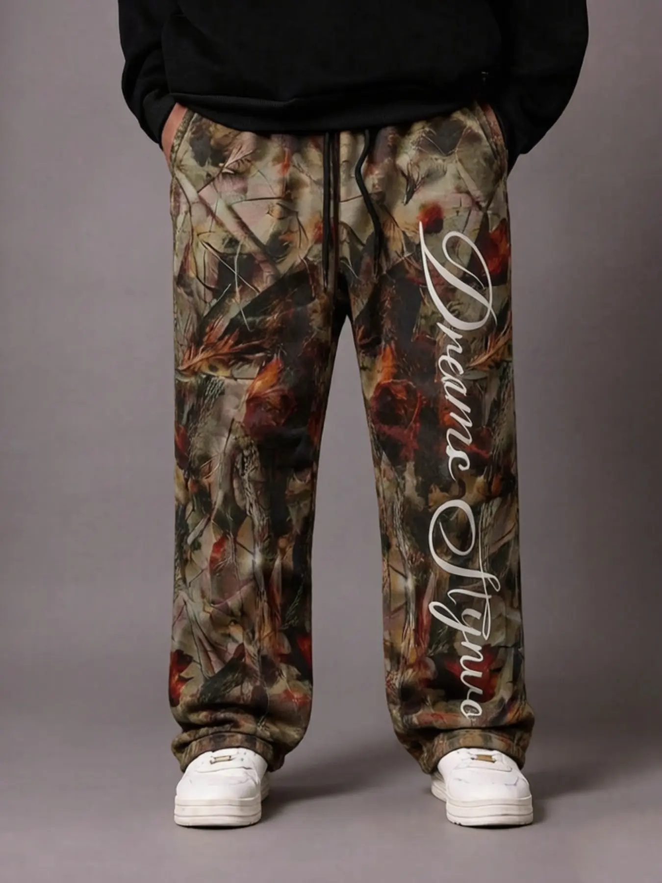 Neutral Retro Camo Wide Leg Sports Pants, Gothic Script Print Drawstring Elastic Waist, Casual Streetwear Joggers, Y2K Teen Long Pants