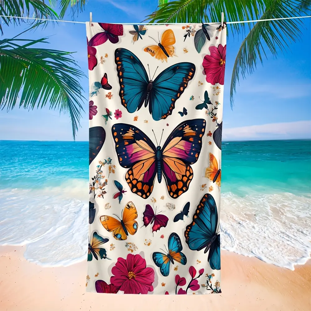 A Beach Towel Featuring a Bright Butterfly And Floral Design, Made of Soft Microfiber Fabric. This Unisex Large Towel Is Perfect for Swimming, Traveling, And Camping
