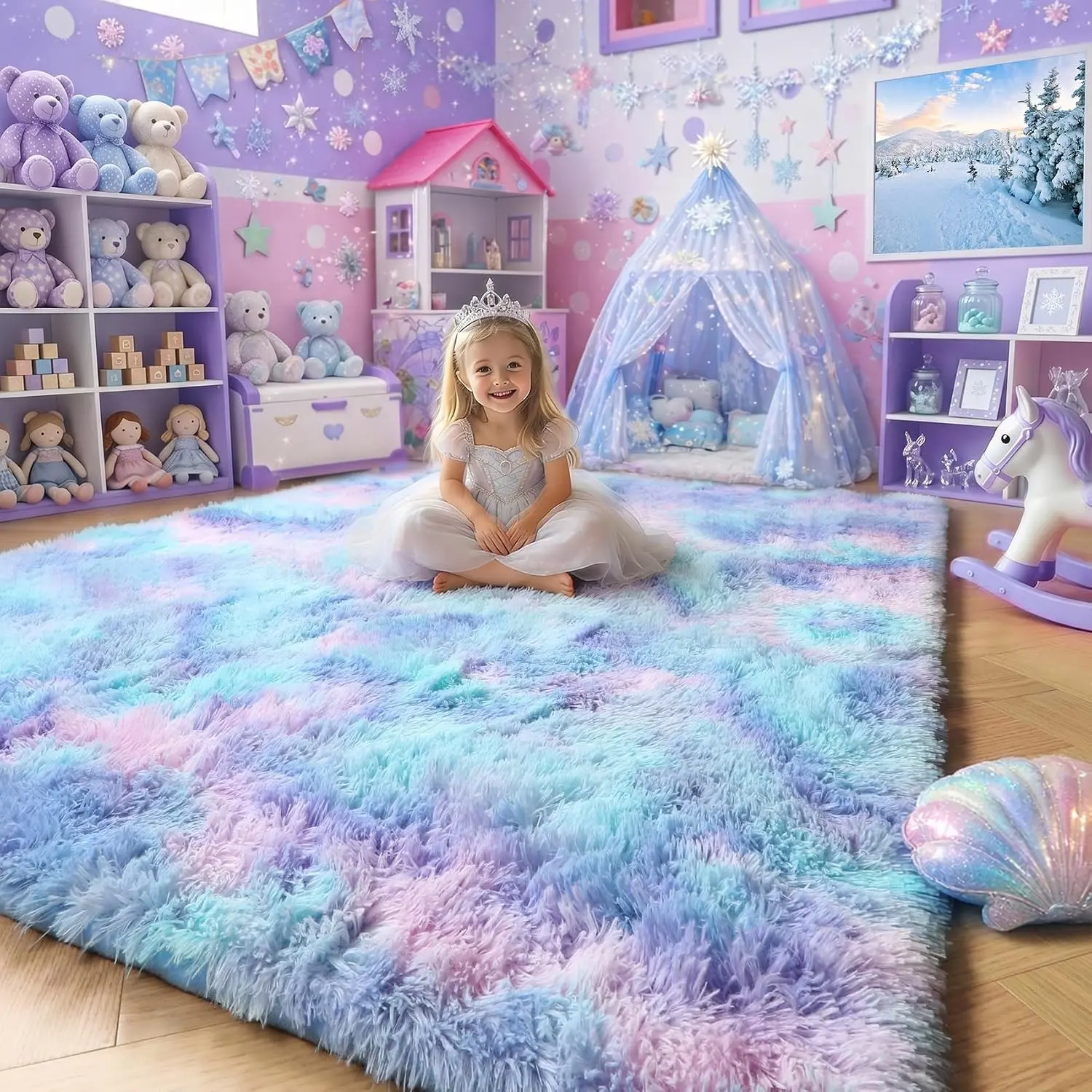 Purple Rainbow Rugs for Bedroom Girls Room Decor, Soft Fluffy Cute 4x6 Area Rug for Kids Room Playroom Nursery Dorm, Shag Mermaid Shaggy Fuzzy Carpet, Plush Kawaii Furry Baby Toddler Rug
