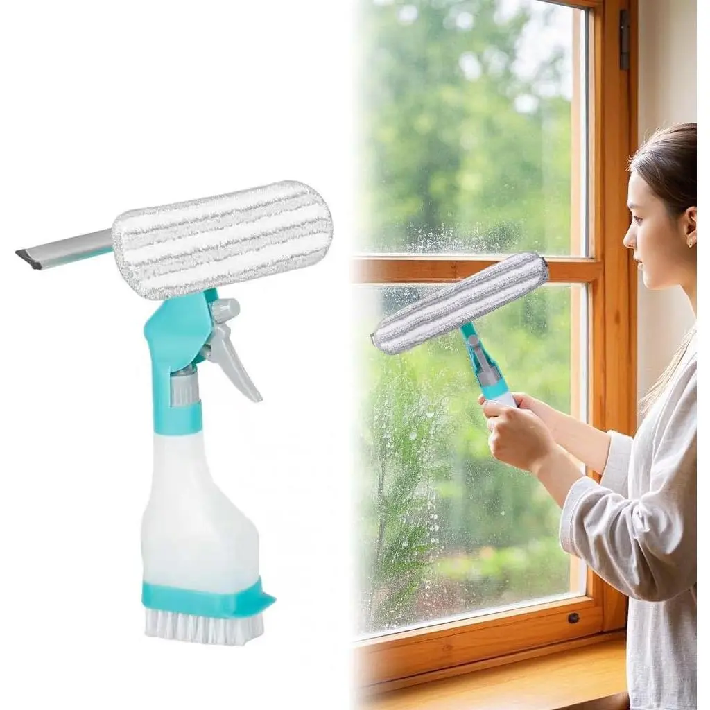 4-in-1 Window Cleaning Kit with Spray Bottle, Squeegee and Microfiber Head, Turquoise