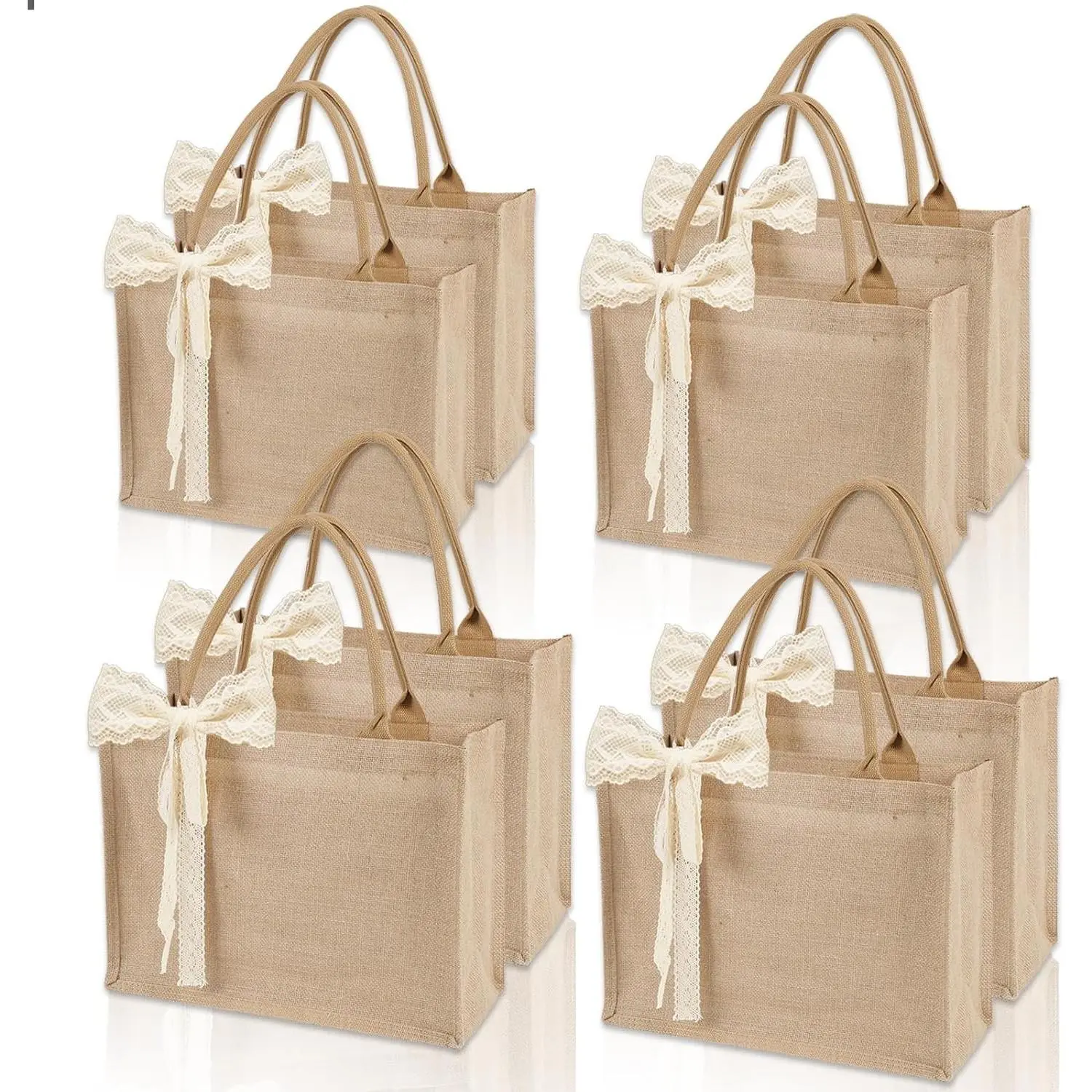 Burlap Tote Bag Set with Ribbon, Reusable Blank Water Resistant Grocery Bags
