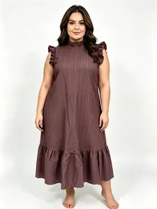 Plus Size Women's Summer New Solid Color Dress, Casual Style Loose Waist Pleated Design Long Dress, Keyhole Back Ruffle Hem Dress, Casual Wear