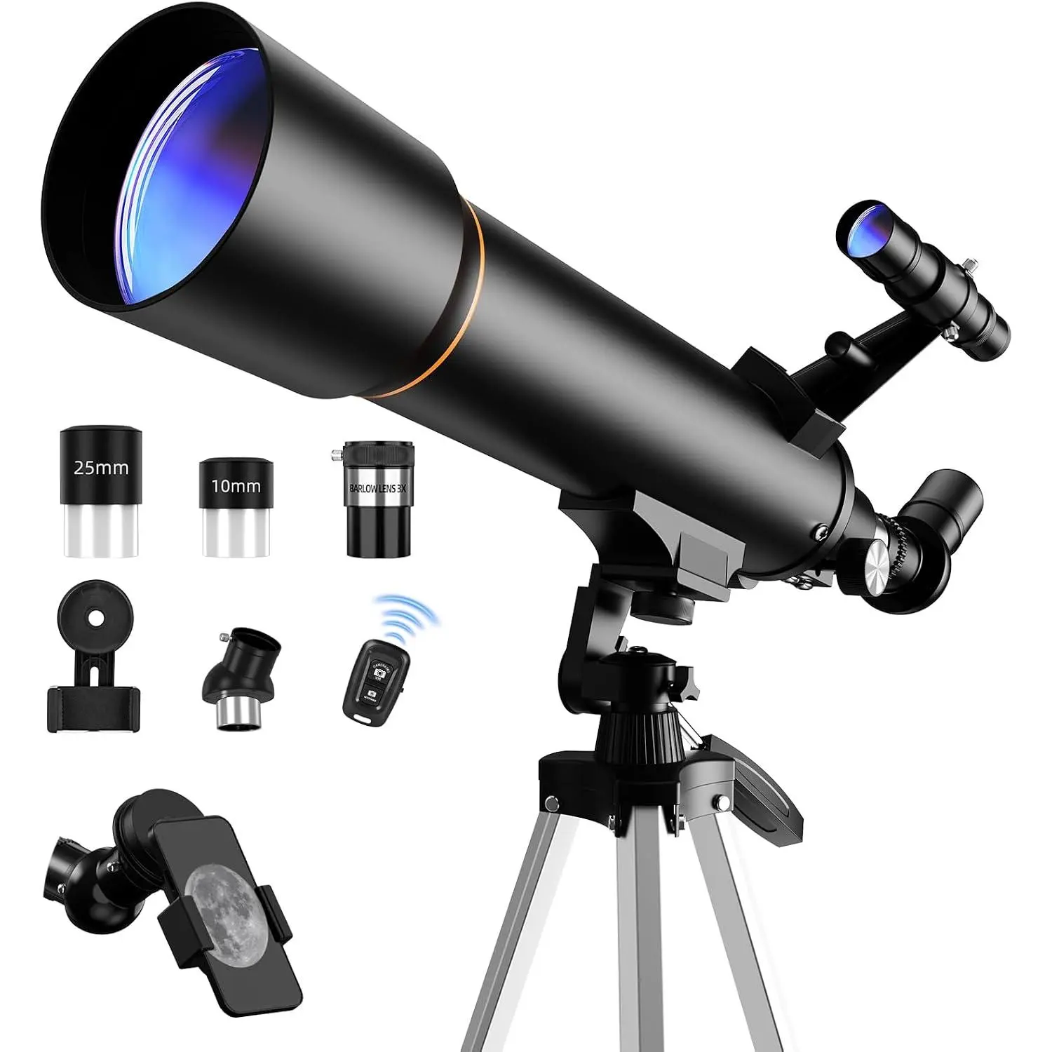 Telescope for Beginners, 70mm Aperture (20X-150X) 500mm Focal Length Refractor Astronomy Telescopes for  and Stars, Telescopio with Carry Bag, Phone Holder, Adjustable Tripod, Black