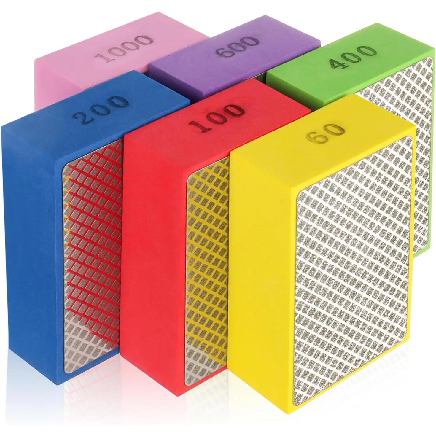 6-Piece Multi-Grit Diamond Hand Polishing Pads with Foam Backing & Grid Texture, 60/100/200/400/600/1000 Grit Sanding Block for Glass, Ceramic, Marble Furniture & Indoor Tile Maintenance Tools, Multi-Grit Pack