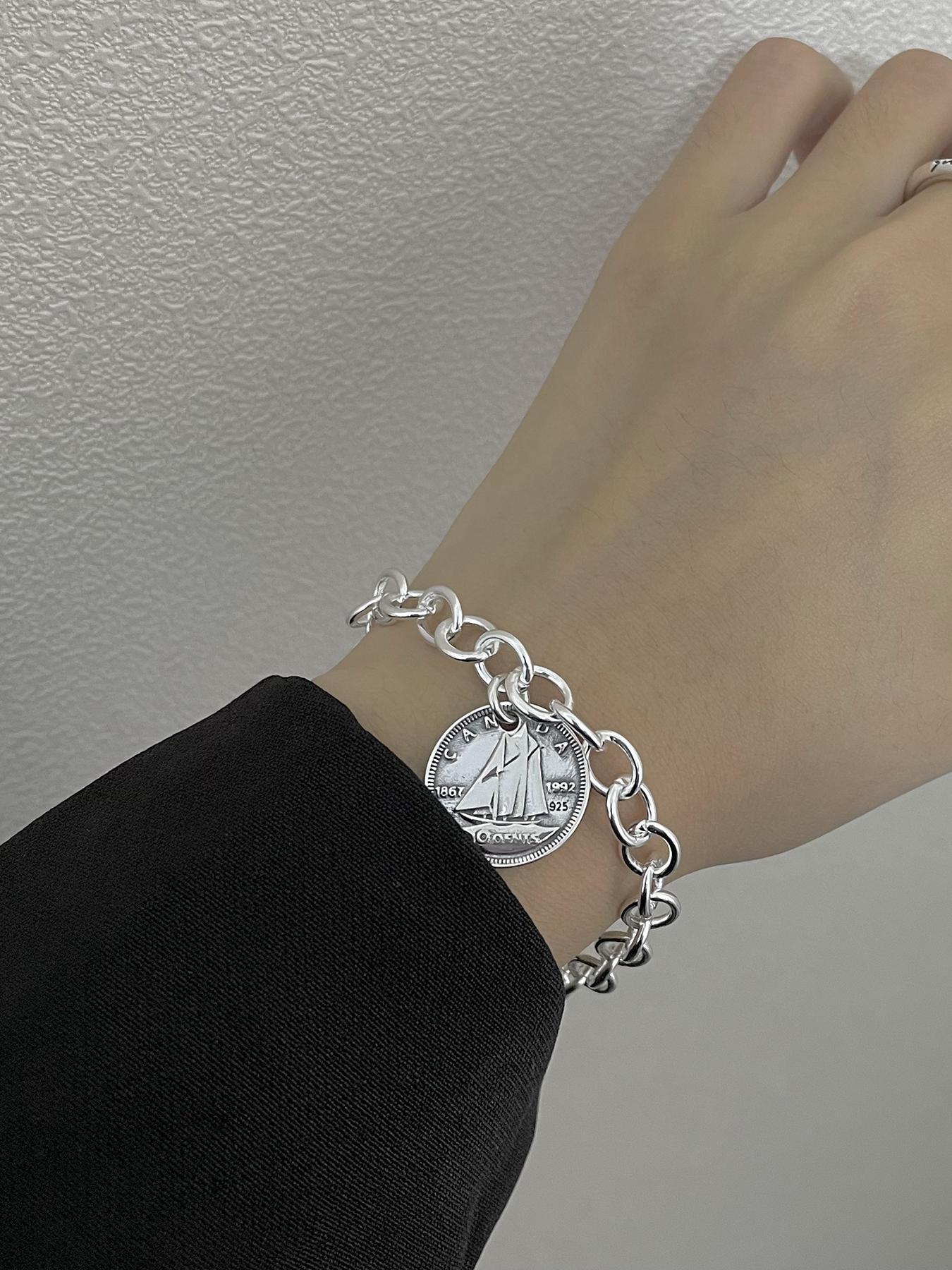 S925 Sterling Silver Vintage Queen Coin Design Bracelet with Pendant, Fashionable Chain Bracelet for Women & Girls, Trendy All-match & Exquisite Jewelry for Birthday Gift, Charm bracelets