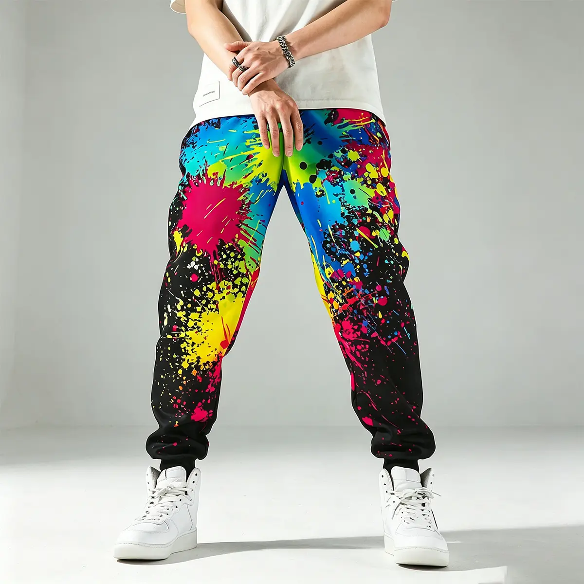 Men Colorful Splash Ink Print Cuffed Jogger Pants, Elastic Drawstring Waist Loose Hip Hop Trousers, Graffiti Paint Splatter Streetwear Bottoms, Lightweight Baggy Cuffed Casual Pants for Spring Summer Daily Street Trendy Outfits