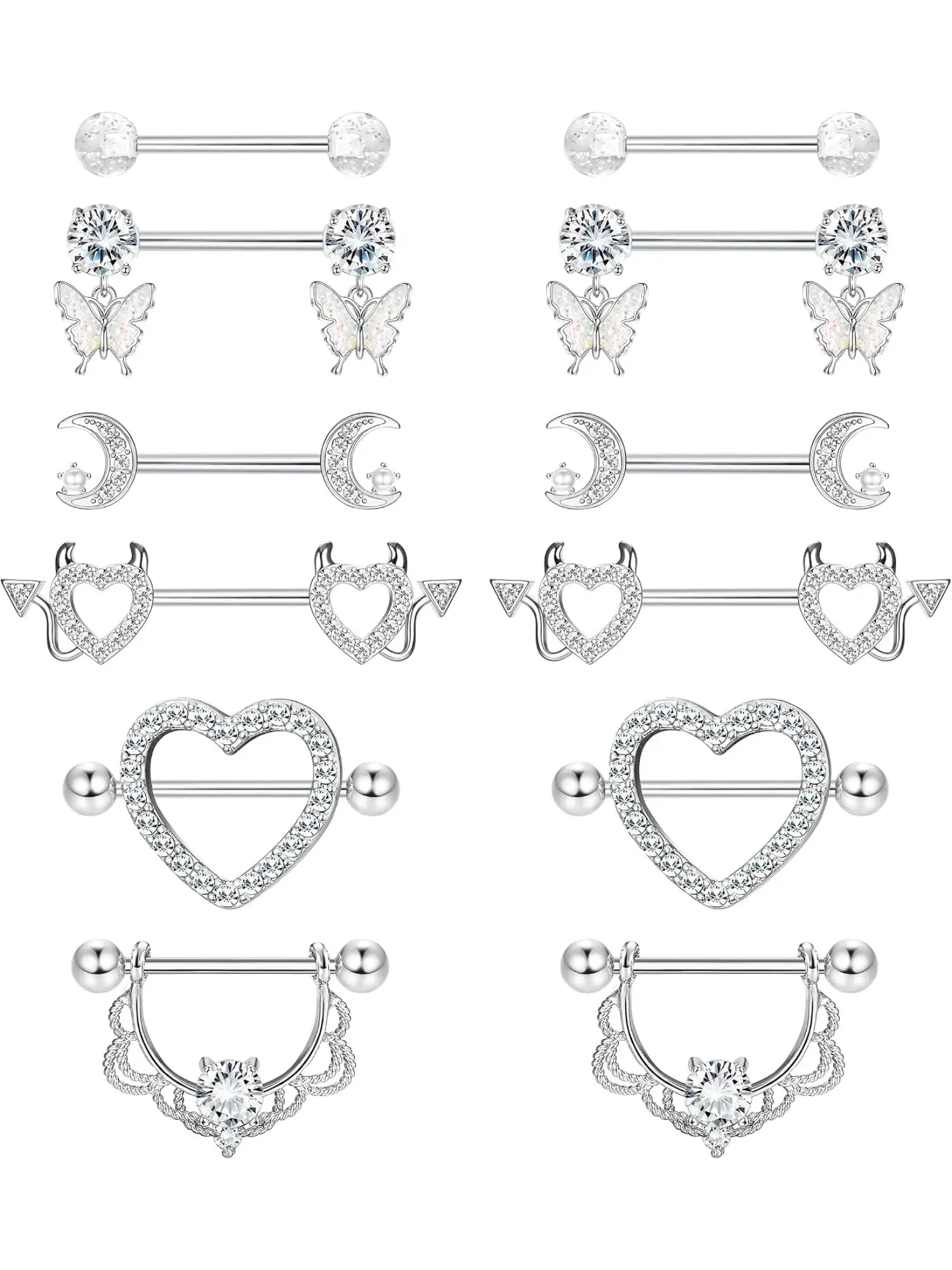 14G Nipple Bars Nipple Bar for Women Nipple Piercing Jewellery Surgical Steel Nipple Piercing Kit Tongue Bar Set Cute Butterfly Dangly Barbells Heart Flower Moon Body Piercing Barbell Body Jewelry