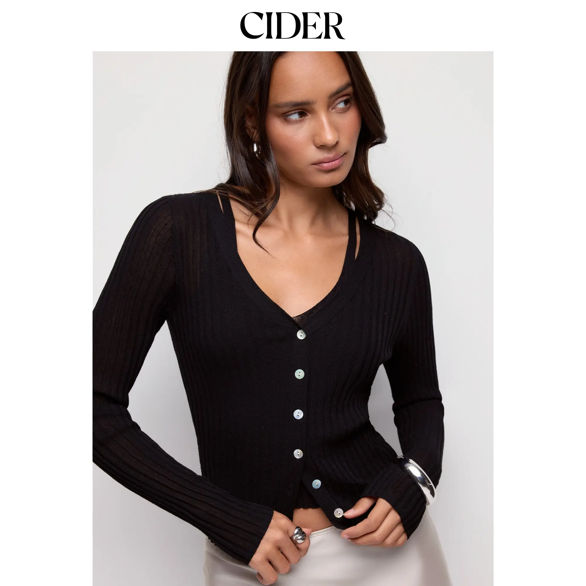 Cider Knit V-neck Button Through Long Sleeve Top SohoChic
