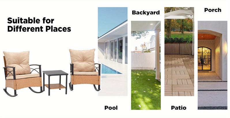 Patio Rattan Rocking Chairs Set of 3, Outdoor Dining Chairs with Cushion and Coffee Table, Patio Rocker Chair Set for Porch and Backyard Beige