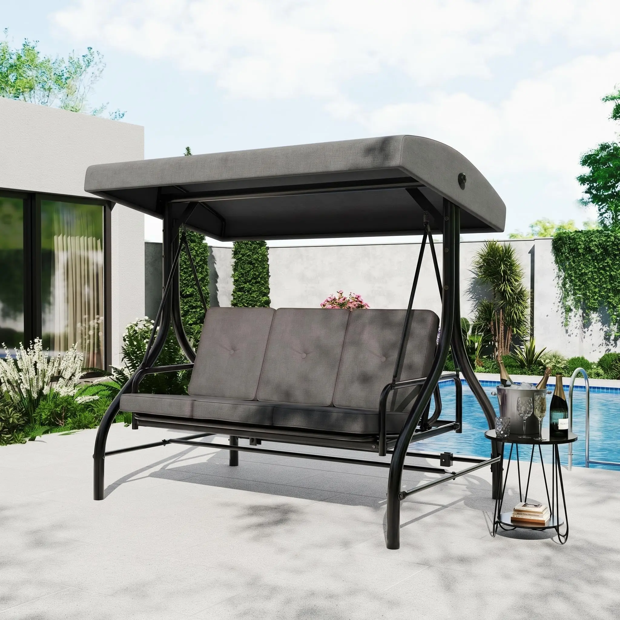 Porch Swing with Stand, 3 Seat Outdoor Patio Swing, 800LBS Dynamic Capacity Convertible Swing Bed for Patio, 6-Inch Thick Anti-Flatten Cushions & Double e-Coating Rust-Proof Frame, Adjustable Canopy