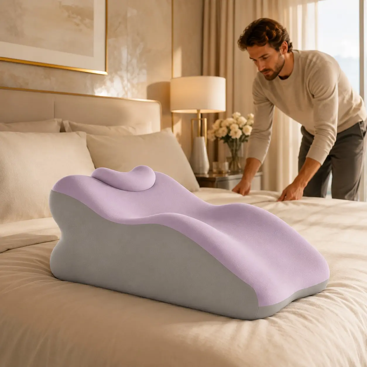Double-Sided Home Rest Cushion with Matching Pillow, Bed Backrest Cushion, Multi-Scene Curved Design, Washable Fabric, Durable Surface, Cdxz-10