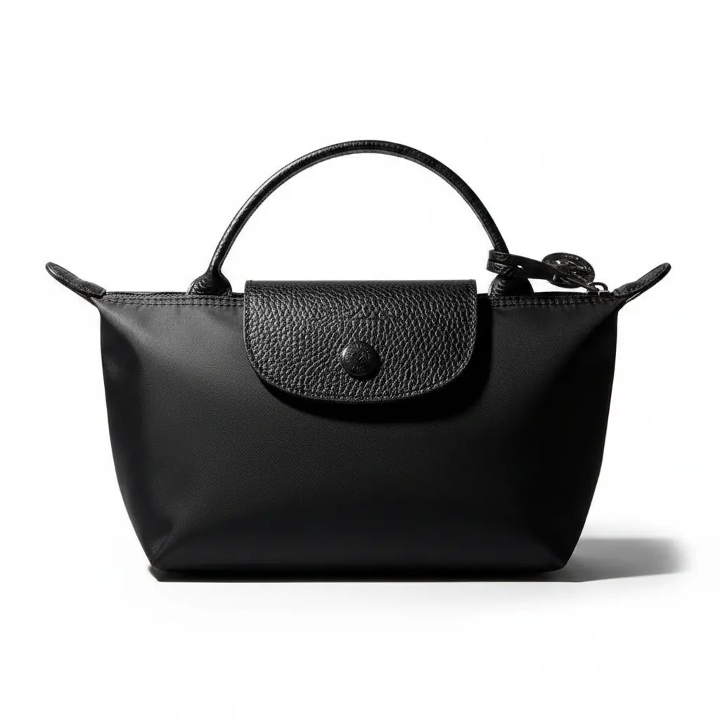 Longchamp Silver Metal Accents Logo-Emblazoned Nylon Blend Handbag for Women, Black