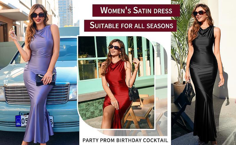 Women's Satin Elegant Sleeveless High Neck Tie Cocktail Party Maxi Dress Fabric Formal