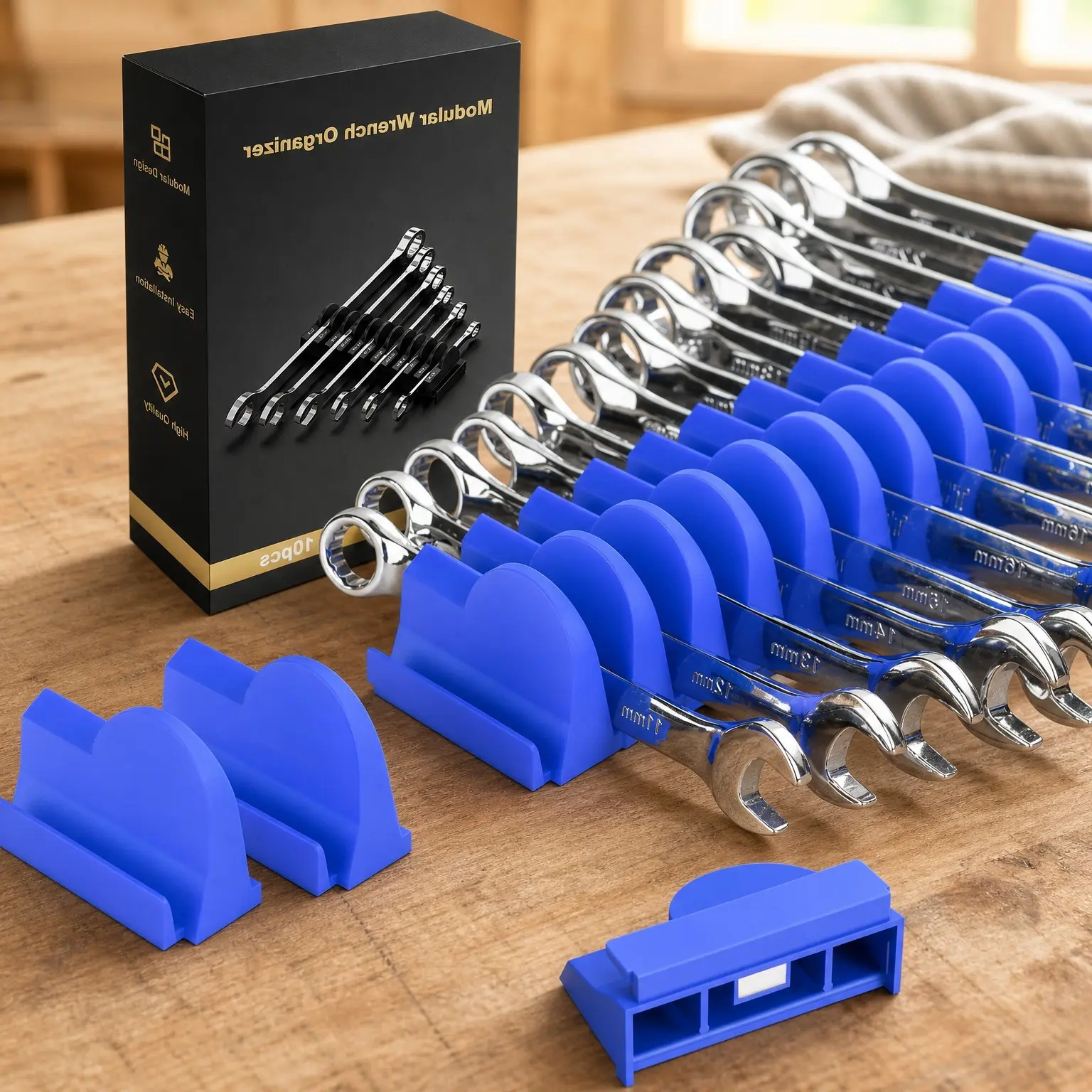 48-Piece Magnetic Modular Wrench Organizers for Tool Drawers - Wrench Rack with Metric & SAE Labels, Tool Storage Holder, Gift for Mechanics (Blue)Gift