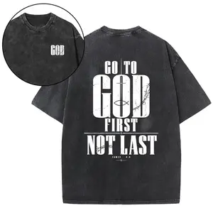 Go To God First Not Last Christian Unisex Washed Vintage Bible Verse Print Oversized T-Shirt |   Y2K Religious Faith High Street American Retro Streetwear Top