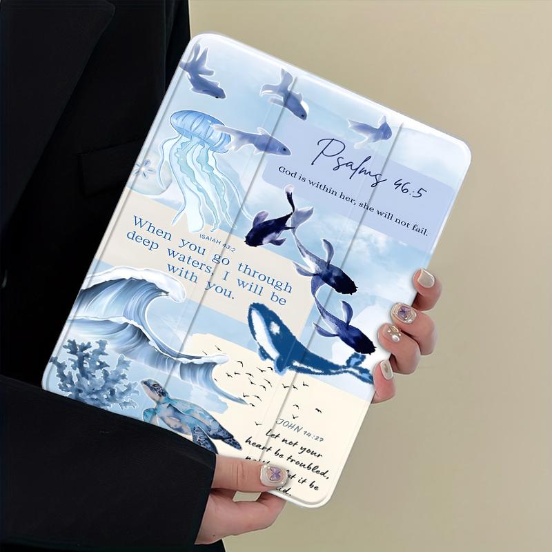 Psalm 46:5, 43:2, John 14:27 (Bible verses)  Marine life design, with adjustable stand and pen slot, foldable anti-slip TPU protective case, suitable for Samsung, iPad mini, iPad Air, iPad Pro/iPad 10th generation, 11th generation, and other iPad series